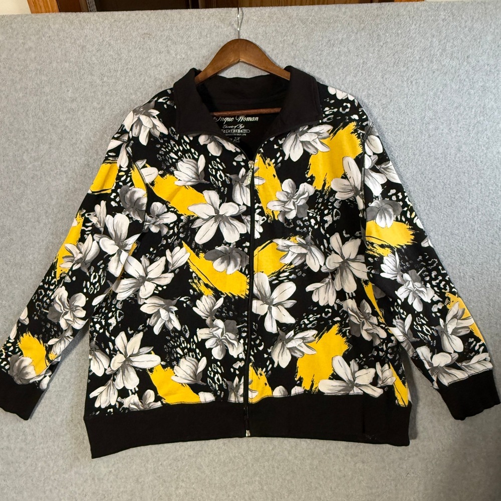Onque Woman Floral Leopard Print Zip Up Track Jacket vibrant tropical bold 2X
